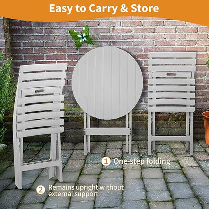 Plastic Folding Bistro Set, 3 Piece Patio Bistro Set, Portable Indoor Outdoor Table and Chairs with Backrest, Foldable Patio Furniture Set for Balcony, Porch, Backyard, Garden,Poolside (White)