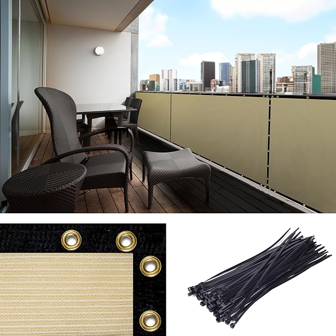 Amgo Custom Made 3' x 46' Beige Balcony Privacy Screen, Apartment Porch Railing Patio Fence Windscreen Fabric Cloth, Heavy Duty, Commercial and Residential, 90% Blockage (We Customize)