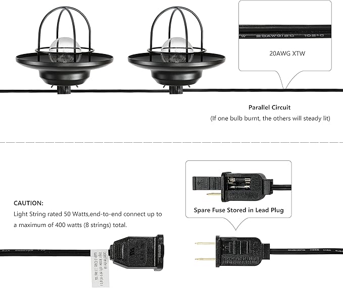 JONATHAN Y JYL8703A Indoor Outdoor Rustic Farmhouse Incandescent G40 Metal Cage Shade String Lights Garden Patio Backyard Porch Balcony, 10 ft. 10-Light, Black