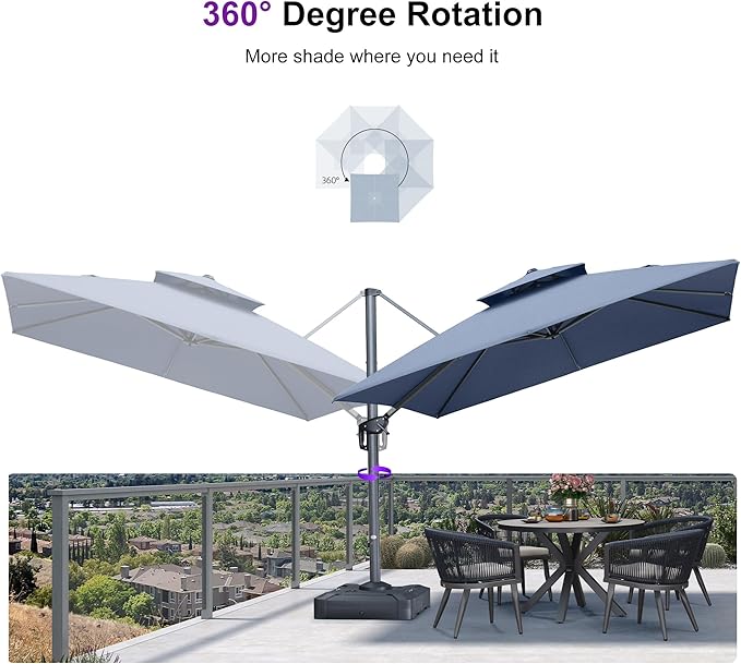 PURPLE LEAF Sunbrella Cantilever Umbrella 10FT Outdoor Double Top Large Offset Hanging 360° Rotation Heavy Duty Square Umbrella for Garden Patio Deck Pool Backyard Spectrum Denim