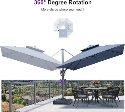PURPLE LEAF Sunbrella Cantilever Umbrella 10FT Outdoor Double Top Large Offset Hanging 360° Rotation Heavy Duty Square Umbrella for Garden Patio Deck Pool Backyard Spectrum Denim