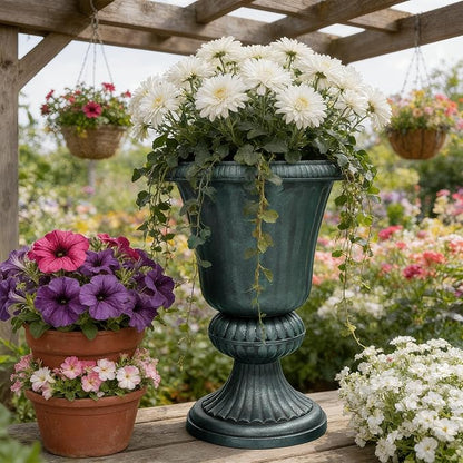 Athena Collection 20''H Garden Plastic Urn Vintage Tall Planter Urn Patio Large Flower Pot Porch Planter Large Planter for Indoor Outdoor Plant, Dark Green