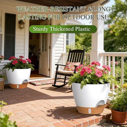 Self Watering Pots with Drainage Holes, 3 Pack 12/10/8 Inch Plant Pots with Water Level Indicator Deep Reservoir, Large Plastic Planter for Indoor Outdoor Plants - White Brown