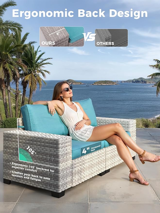 6 Piece Outdoor Wicker Rattan Sectional Sofa Set, 5-Seats Patio Furniture Conversation Set with 4" Thickened Cushions & Coffee Table, All-Weather PE Rattan for Garden, Backyard, Porch, Navy
