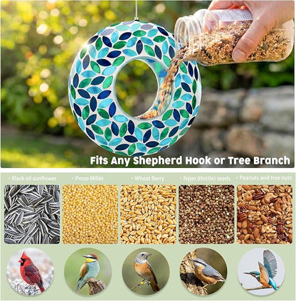 VCUTEKA Bird Feeder Mosaic Fly Through Bird Feeders for Outside Hanging with Round Shape Glass Container to Attract More Wild Birds for Garden, Yard, Backyard, Deck and Porch Decor, Green 10-Inch