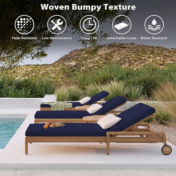 Sundale Outdoor Olefin Chaise Lounge Cushion Set of 2, Water-Resistant Patio Lounge Chair Cushion, Thick Lounger Pad with 4 Straps Navy Blue, 72 x 21 x 4 Inches