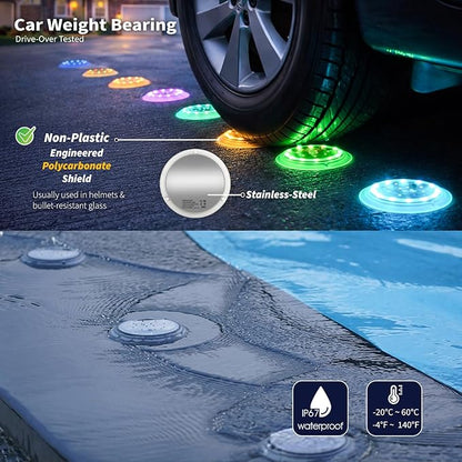 SHONELIGHTING Solar Driveway Lights, 48 LEDs 12-Color Changing Flat Dock Ground Lights, Waterproof Low Profile for Driveway, Walkway, Deck, Patio, Pathway, Poolside (RGB-W, 2 Pack)