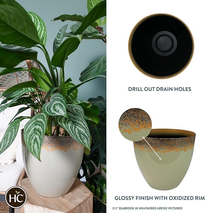 The HC Companies 13 Inch Seabrook Decorative Round Planter - Lightweight Premium Resin Plant Pot with a Ceramic Look for Indoor Outdoor Use, Weathered Greige