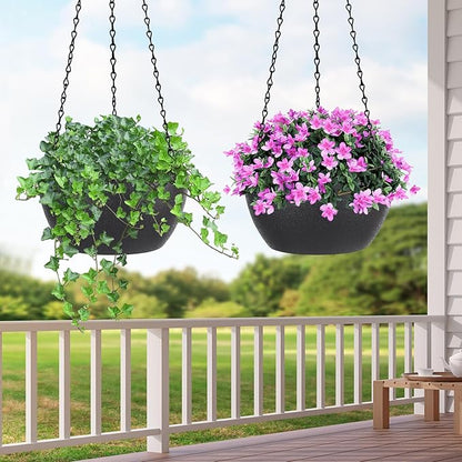 13 inch Hanging Pots with Drainage Holes and Chain, Plastic Hanging Flower Pots for Garden Home Decor, Black