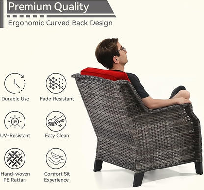 Patio Furniture Set 3 Pieces-Patio Chairs Set of 2 and A Side Table with Thick Cushions and All-Weather PE Wicker for Garden, Patio and Porch, Red