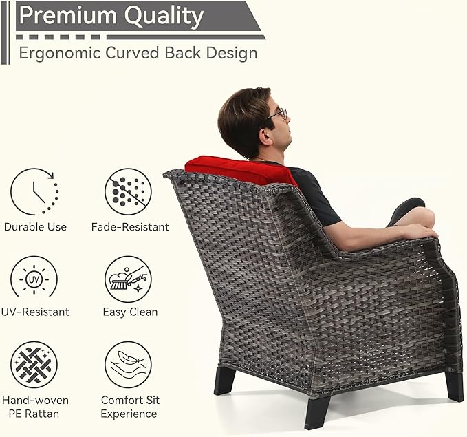 5 Piece Patio Furniture Wicker Conversation Set, 2 Chairs, 2 Ottomans with 1 Side Table, for Outdoors, Backyard, Deck, Red