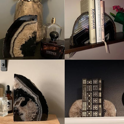 JIC Gem Black Agate Bookend(s) geode bookends Large Book Ends for Shelves 1 Pair 6 to 8 Lbs Book Ends to Hold Books Heavy Duty from Brazilian with Rubber Bumpers for Office and Home Decoration