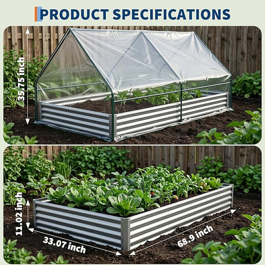 Raised Garden Bed with Cover, 6x3x1 Ft Raised Garden Beds Outdoor Galvanized Metal Planter Box with 2 Screen Windows, Mini Greenhouse for Vegetables and Flowers