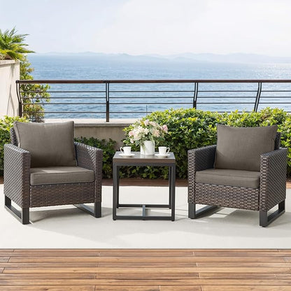 Rilyson Wicker Outdoor Patio Chairs Set - 3 Piece Rattan Patio Furniture Bistro Chairs Set with Waterproof Wicker,Comfortable Cushions and Sturdy Metal Frame for Porch Deck Backyard(Brown/Grey)