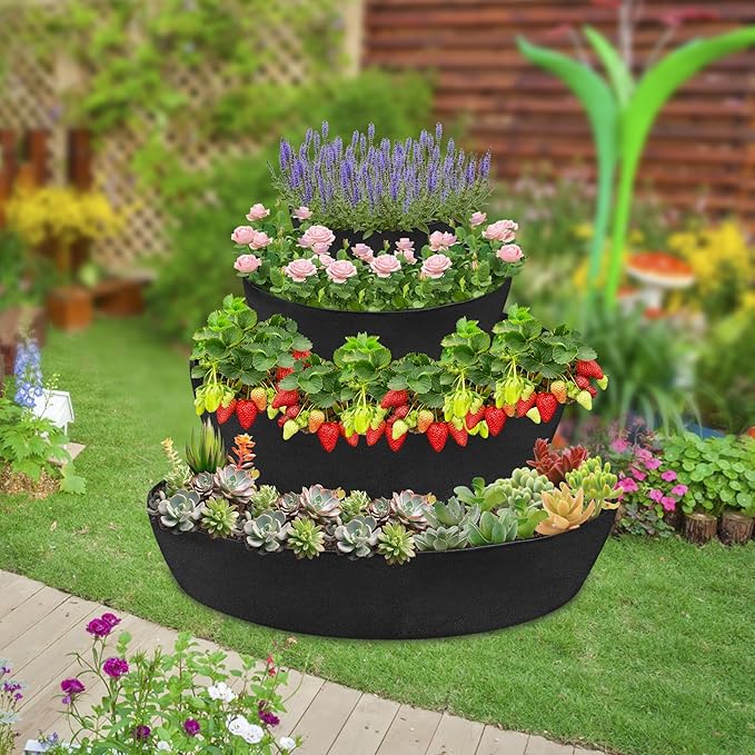 Wenfan 4 Tiered Strawberry Planter Fabric Raised Garden Planting Bed Stackable Strawberry Planter Bag Felt Planting Container for Growing Vegetables Herb Plant, 8 Inch Deep, Round