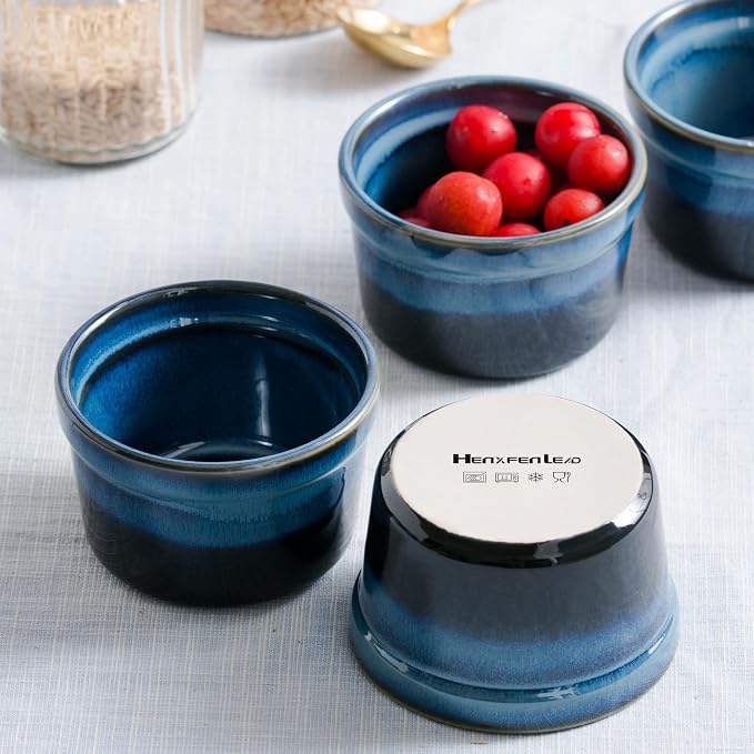 Ceramic Ramekins, 8 oz Creme Brulee Baking Cups, Set of 4, Dark Blue | Reactive Glaze Finish, Oven Safe, Ideal for Souffle, Custard, Pudding, Dips, Ice Cream & Appetizers