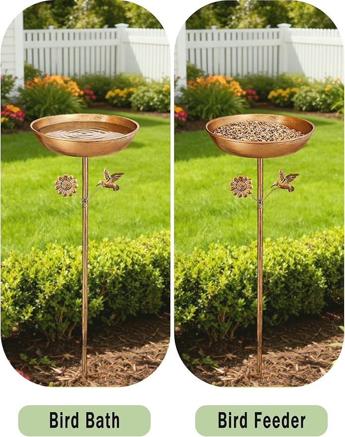 Freestanding Bird Bath with Metal Stake - 11” Antique Bronze Metal Birdbath Bowl & Feeder for Outdoor Garden Yard Decor
