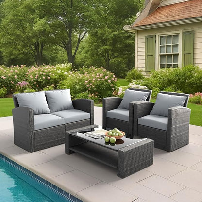 4 Piece Patio Furniture Set,Outside Rattan Sectional Sofa,Wicker Conversation Set with Cushion and Glass Coffee Table,Wicker Sofa Ideal for Garden,Porch,Grey