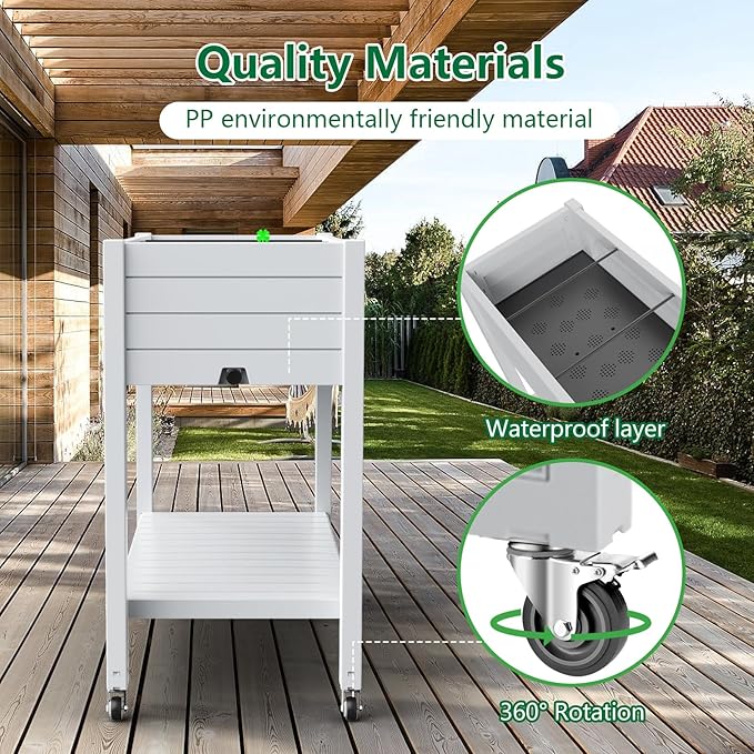 Vixzen Raised Garden Bed Outdoor,Reinforced Large Planter Box with Wheels & Storage Shelf,Mobile Planter Bed Box for Backyard, Patio, Balcony (Ashen, 21Gal（43.31"×17.72"×33.66"）)
