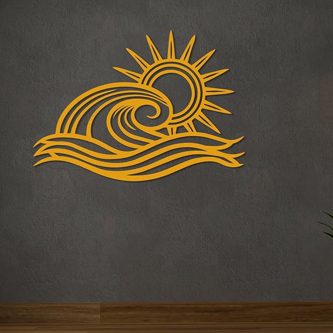 Wita Home Ocean Wave Metal Wall Art, Sun Beach Decor, Coastal Large Wall Sculpture for Home, Indoor/Outdoor Use, Nautical Wall Hanging, Eye-Catching Addition to Living Room (Gold, 24 x 14 inches)