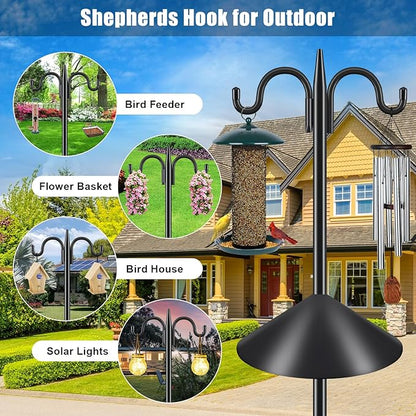 Gtongoko Squirrel Proof Bird Feeder Pole, 92 Inch Double Shepherds Hook with 19 Inch Squirrel Baffle, Heavy Duty Adjustable Outdoor Bird Feeder Stand with 5-Prong Base for Garden, Plants, Black
