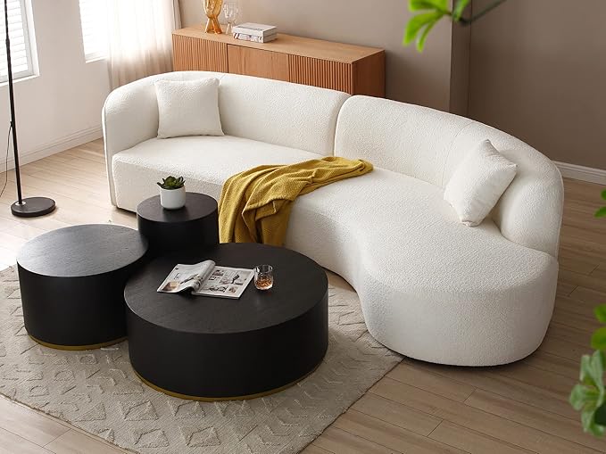 kevinplus Black Round Coffee Table for Living Room, Modern Contemporary Drum Circle Wood Coffee Table for Apartment Office, Black & Gold