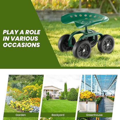 Giantex Garden Cart, Rolling Workseat with 4 Wheels, Garden Stool 360° Swivel Work Seat & Adjustable Height, Heavy Duty Wagon Scooter for Gardening for Patio Garden, Lawn, Yard (Green)