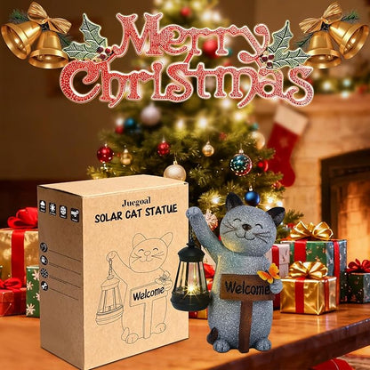 Juegoal Garden Statue Solar Cat Figurine with Lantern, 10" Resin Kitten Outdoor Lawn Porch Yard Art, Lighted Christmas Birthday Gifts for Mom Grandma