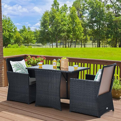 HAPPYGRILL 3 Piece Outdoor Wicker Bistro Set PE Rattan Dining Table Set with Cushioned Chairs, Patio Conversation Set for Backyard Porch Garden and Poolside