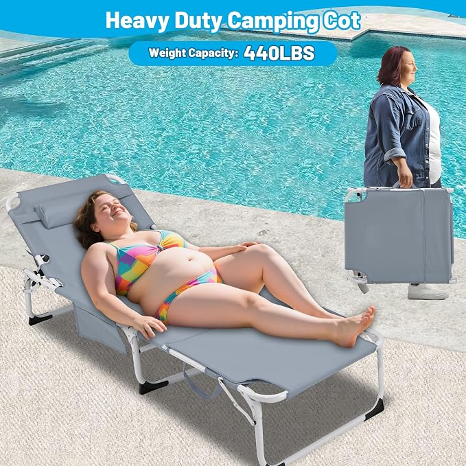 Outdoor Chaise Lounge with Detachable Pillow, Reclining Folding Chair with 5-Position Adjustable Back, Portable Tanning Chair For Beach, Pool, Lawn, Breathable Mesh Seat, No Assembly (Grey 2)