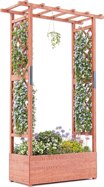GarveeLife Raised Garden Bed with Trellis, 45 in Wood Planter Box with Side Trellis, Hanging Roof, and 4 Drainage Holes, Freestanding Elevated Garden Bed for Climbing Plants, Vines, Flowers