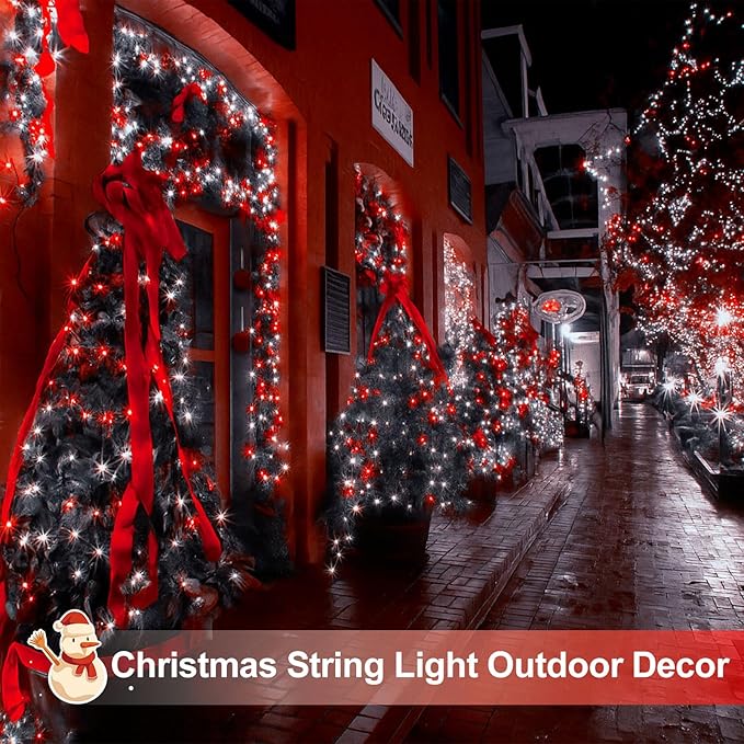 4 Pack 180FT Solar Christmas Lights Outdoor Waterproof, Super Bright 320 LED Solar String Lights with 8 Lighting Modes, Green Wire Solar Twinkle Tree Lights for Outside Xmas Party(Red and White)