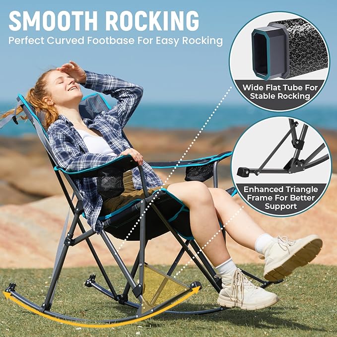 FUNDANGO Oversized Rocking Camping Chair for Adults, Portable Folding Lawn Chairs for Outside with Pillows, Wide Armrest, 2 Cup Holders, Carry Bag for Patio Garden Outdoor Supports 400Lbs (Black/Blue)
