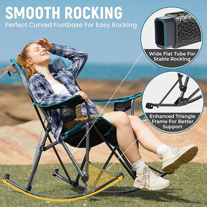FUNDANGO Oversized Rocking Camping Chair for Adults, 2 Pack Portable Folding Lawn Chairs for Outside with Pillows, Wide Armrest, 2 Cup Holders, Carry Bag for Patio Garden Outdoor Supports 400Lbs