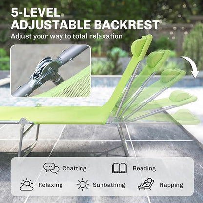 Outsunny Folding Chaise Lounge Pool Chairs, Outdoor Sun Tanning Chairs with Pillow, Reclining Back, Steel Frame & Breathable Mesh for Beach, Yard, Patio, Green