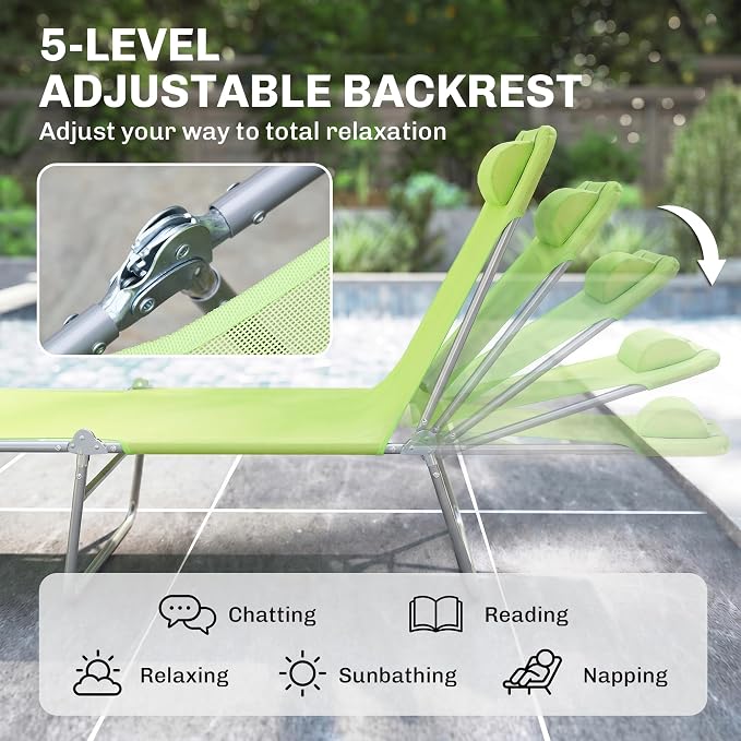 Outsunny Folding Chaise Lounge Pool Chair Set of 2, Outdoor Sun Tanning Chairs with Pillow, Reclining Back, Steel Frame & Breathable Mesh for Beach, Yard, Patio, Green