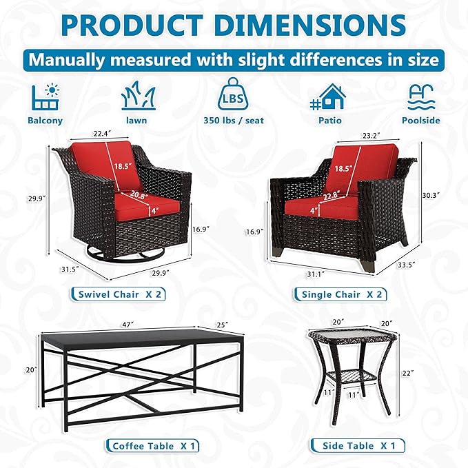 Vista Vibe 6 Pieces Outdoor Rattan Patio Conversation Furniture Set - 360 Degree Swivel Glider Rocker Chairs | Coffee Table | 2 Wicker Chairs, Washable Cushions, Terrace, Sunroom (Brown/Red)