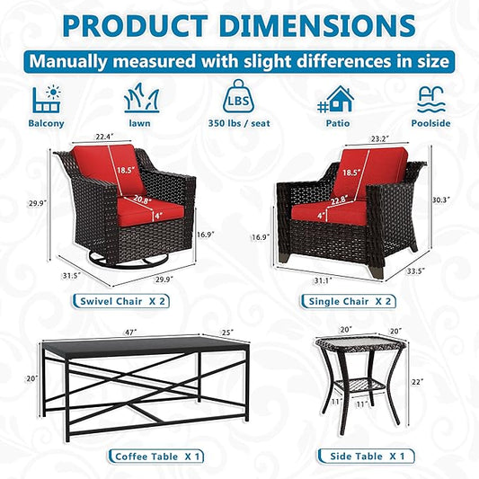 Vista Vibe 6 Pieces Outdoor Rattan Patio Conversation Furniture Set - 360 Degree Swivel Glider Rocker Chairs | Coffee Table | 2 Wicker Chairs, Washable Cushions, Terrace, Sunroom (Brown/Red)