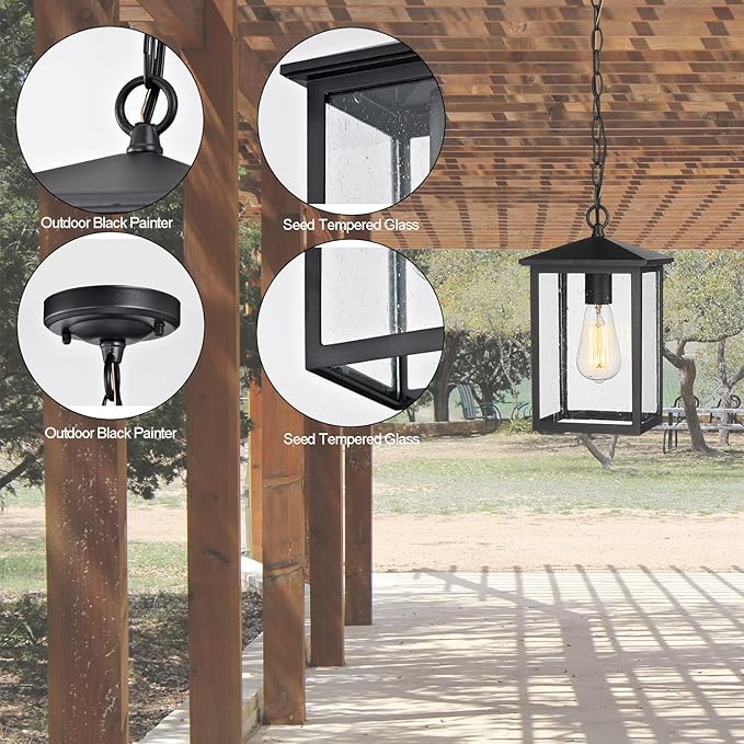 Treekee Outdoor Pendant Lighting, Exterior Hanging Lantern Porch Light, Outside Light Fixture in Black Finish with Seeded Glass, Pendant Lamp for Front, Entry, Patio, Gazebo