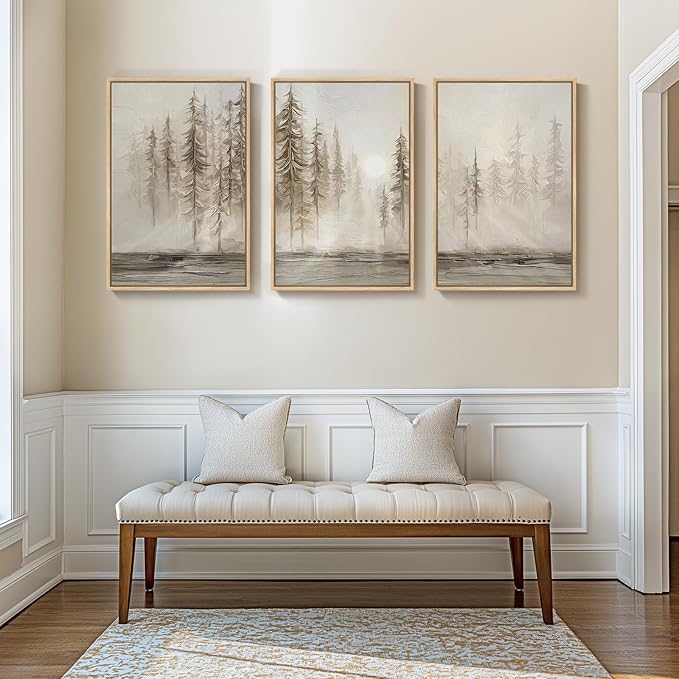 Framed Neutral Wall Art for Living Room, Large 3 Piece Abstract Pastel Grunge Forest Landscape Tree Canvas Artwork Set, Modern Art Decorative Nordic Painting Picture Prints for Hallway Office 24x36 In