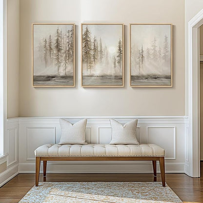 Framed Neutral Wall Art for Living Room, Large 3 Piece Abstract Pastel Grunge Forest Landscape Tree Canvas Artwork Set, Modern Art Decorative Nordic Painting Picture Prints for Hallway Office 24x36 In