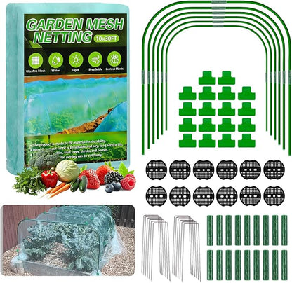 Garden Mesh Netting Kit, 10x30FT Green Ultra Fine Netting with 6 Sets Wide Garden Hoops & 18 Clips, Raised Garden Bed Netting with Frame, Row Cover, Plant Barrier for Vegetables Fruits