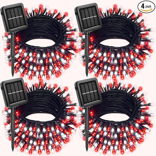4 Pack Red and White Solar Christmas Lights Outdoor Waterproof, 132FT 400LED Solar String Lights Green Wire Fairy Lights, Solar Twinkle Lights with 8 Lighting Modes for Xmas Garden Decorations