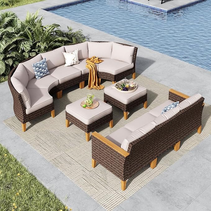MFSTUDIO 10 Pieces Wicker Patio Furniture Set, All-Weather Rattan Outdoor Half-Moon Curved Sectional Sofa Set for Garden, Backyard, 4 x Curved Sofa, 2 x Armless Chair, 2 x Ottomans, 2 x Corner Sofa