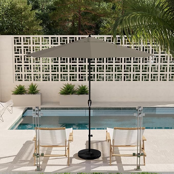 California Umbrella 9' Rd Aluminum Patio Umbrella, Crank Lift, Auto Tilt, Black Finish, 4yr Fade Warranty, Taupe