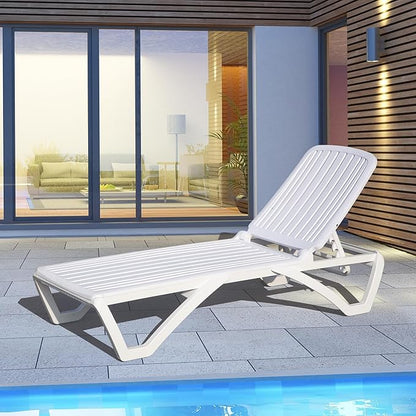 Domi Patio Outdoor Chaise Lounge Chairs Set of 4, All-Weather Plastic Adjustable Reclining Loungers, Stackable Tanning Lounge Chair w/Wheels, for Beach Garden Lawn Pool, White