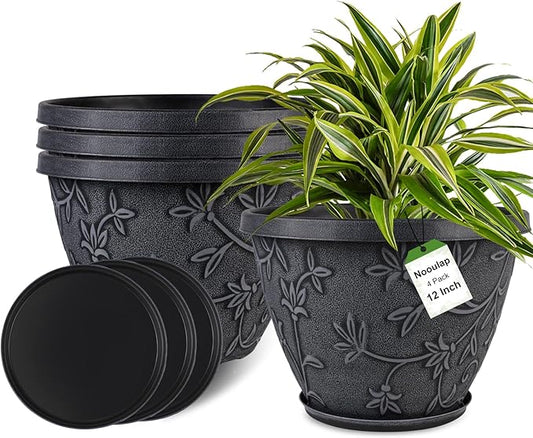 Nooulap 4 Pack 12 Inch Plant Pots for Outdoor Indoor, Plastic Flower Pots with Drainage Hole & Saucer, Modern Decorative Large Garden Pot, Imitation Magnolia Pots for Garden House Planters（Gray）