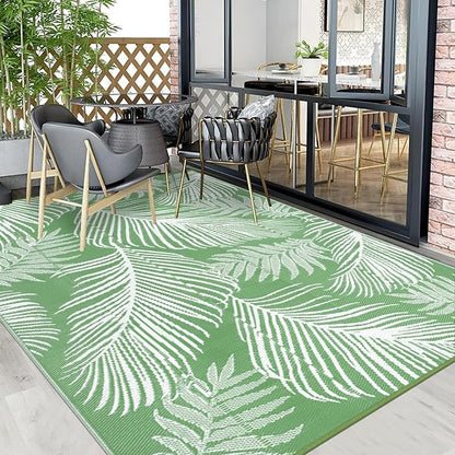 Pauwer Waterproof Outdoor Rug 9x12, Reversible Plastic Straw Patio Camping Rug, Indoor Outdoor RV Mat Carpet for Deck, Camper, Porch, Balcony, Backyard, Picnic, Leaf Green