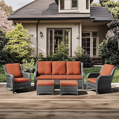 5 Pieces Outdoor Patio Furniture Conversation Set PE Rattan Wicker with a 3-Seater Sofa, 2 Armchairs, 2 Outdoor Ottomans for Yard Garden Backyard Porch Poolside GNR (Grey/Orange)