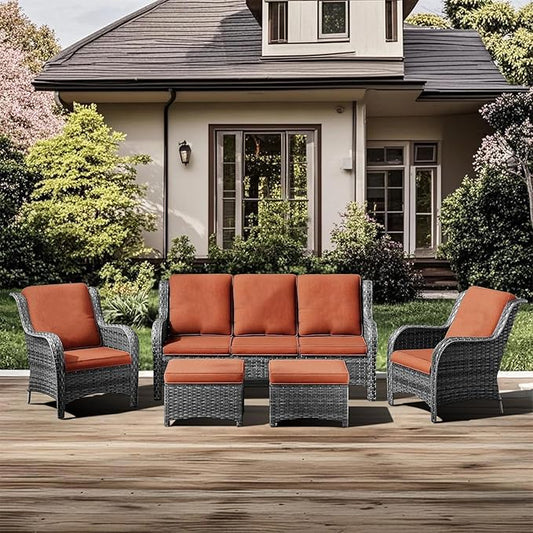 5 Pieces Outdoor Patio Furniture Conversation Set PE Rattan Wicker with a 3-Seater Sofa, 2 Armchairs, 2 Outdoor Ottomans for Yard Garden Backyard Porch Poolside GNR (Grey/Orange)